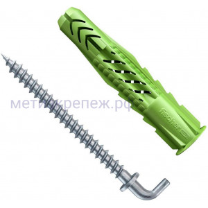 Универсальный дюбель UX 10х60 R WH с кромкой и угловым крюком Fischer 532701, зелёный нейлон, 2 шт в блистере