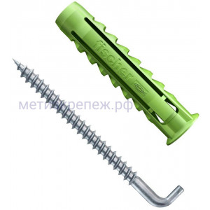 Дюбель SX Green 6x30 WH Fischer 532725 с кромкой и Г-образным шурупом, зелёный нейлон, 8 шт в блистере